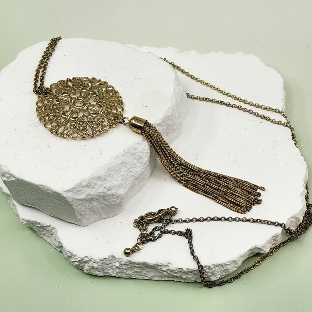 Gold Tone Filigree Medallion Tassel Long Necklace Boho Statement Jewelry Gift